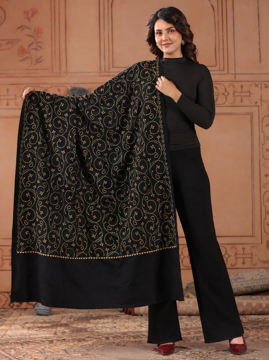 Floral Jaal Embroidered Woolen Shawl for Women | Black
