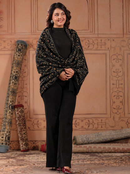 Floral Jaal Embroidered Woolen Shawl for Women | Black