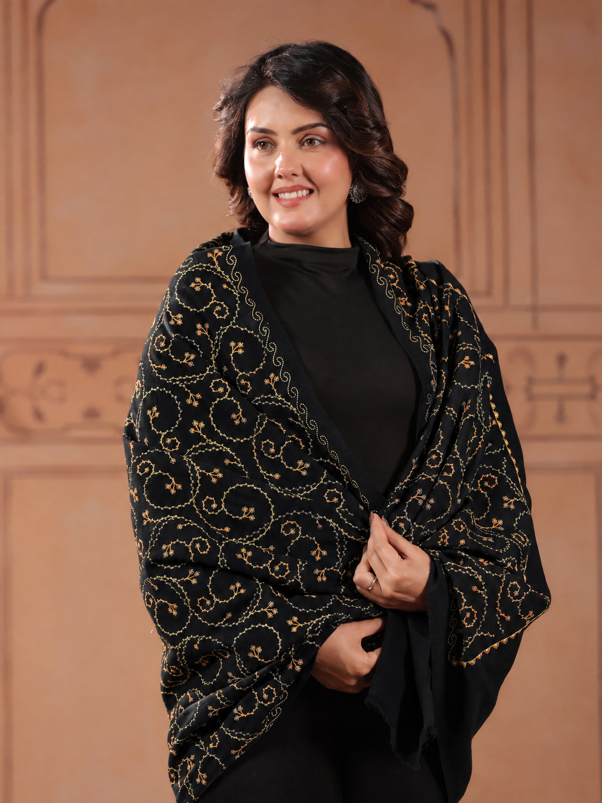 Floral Jaal Embroidered Woolen Shawl for Women | Black