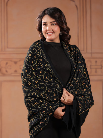 Floral Jaal Embroidered Woolen Shawl for Women | Black