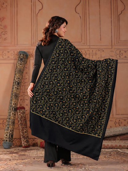 Floral Jaal Embroidered Woolen Shawl for Women | Black