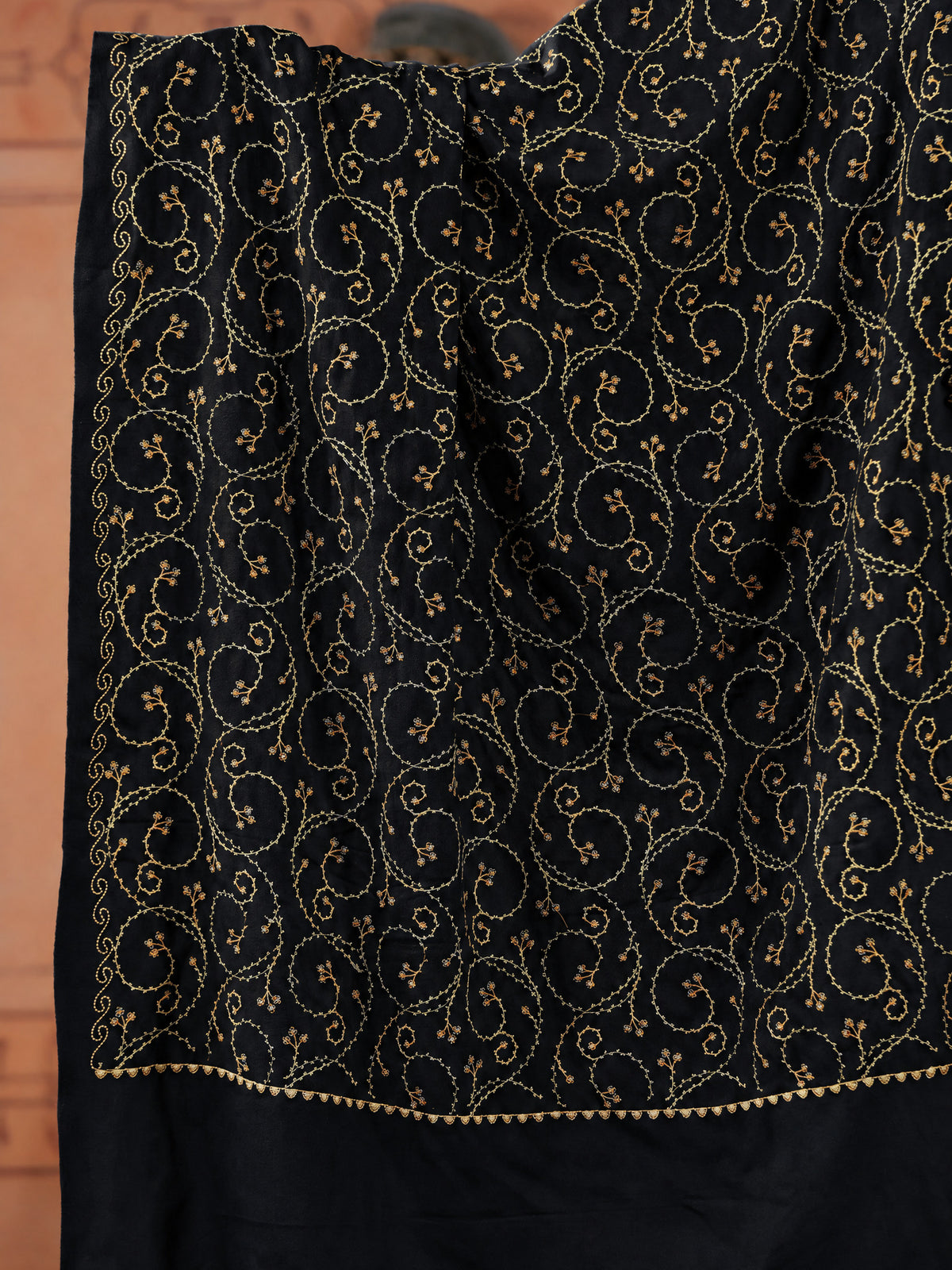 Floral Jaal Embroidered Woolen Shawl for Women | Black
