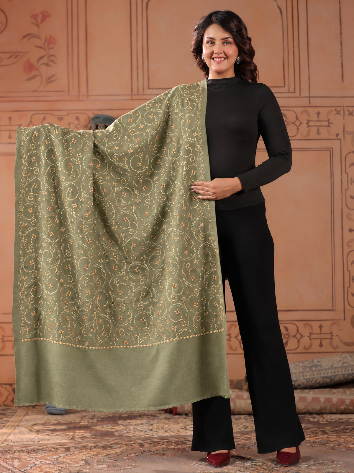 Floral Jaal Embroidered Woolen Shawl for Women | Pista Green