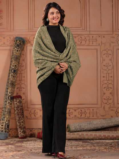 Floral Jaal Embroidered Woolen Shawl for Women | Pista Green