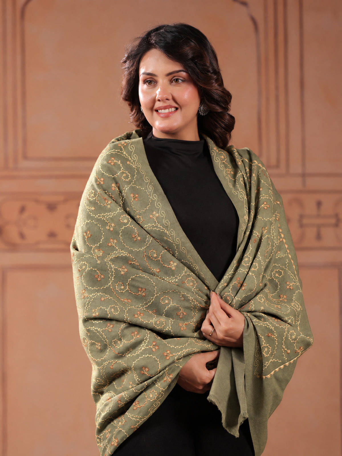 Floral Jaal Embroidered Woolen Shawl for Women | Pista Green