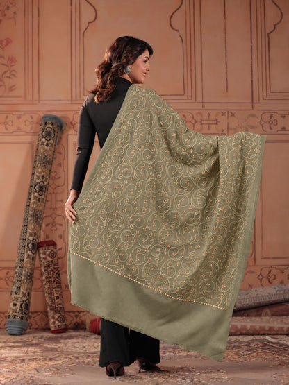 Floral Jaal Embroidered Woolen Shawl for Women | Pista Green