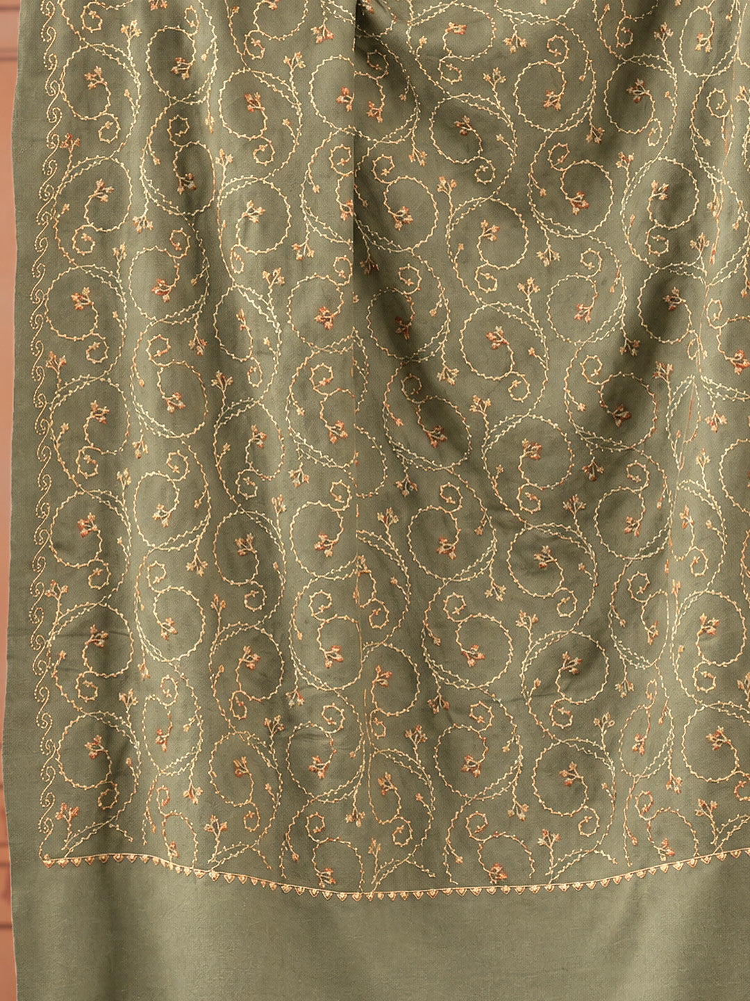 Floral Jaal Embroidered Woolen Shawl for Women | Pista Green