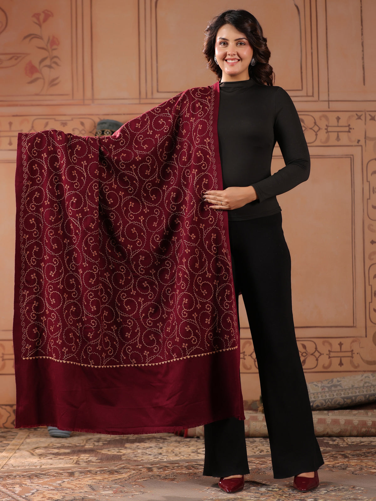 Floral Jaal Embroidered Woolen Shawl for Women | Wine