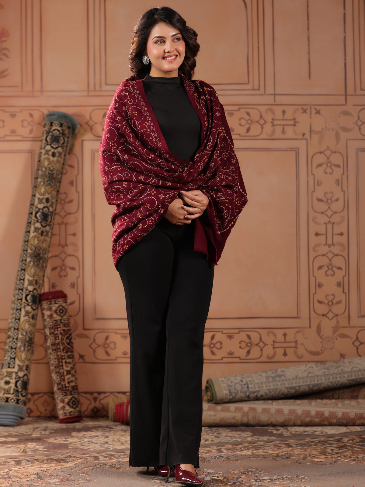 Floral Jaal Embroidered Woolen Shawl for Women | Wine