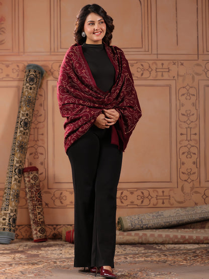 Floral Jaal Embroidered Woolen Shawl for Women | Wine