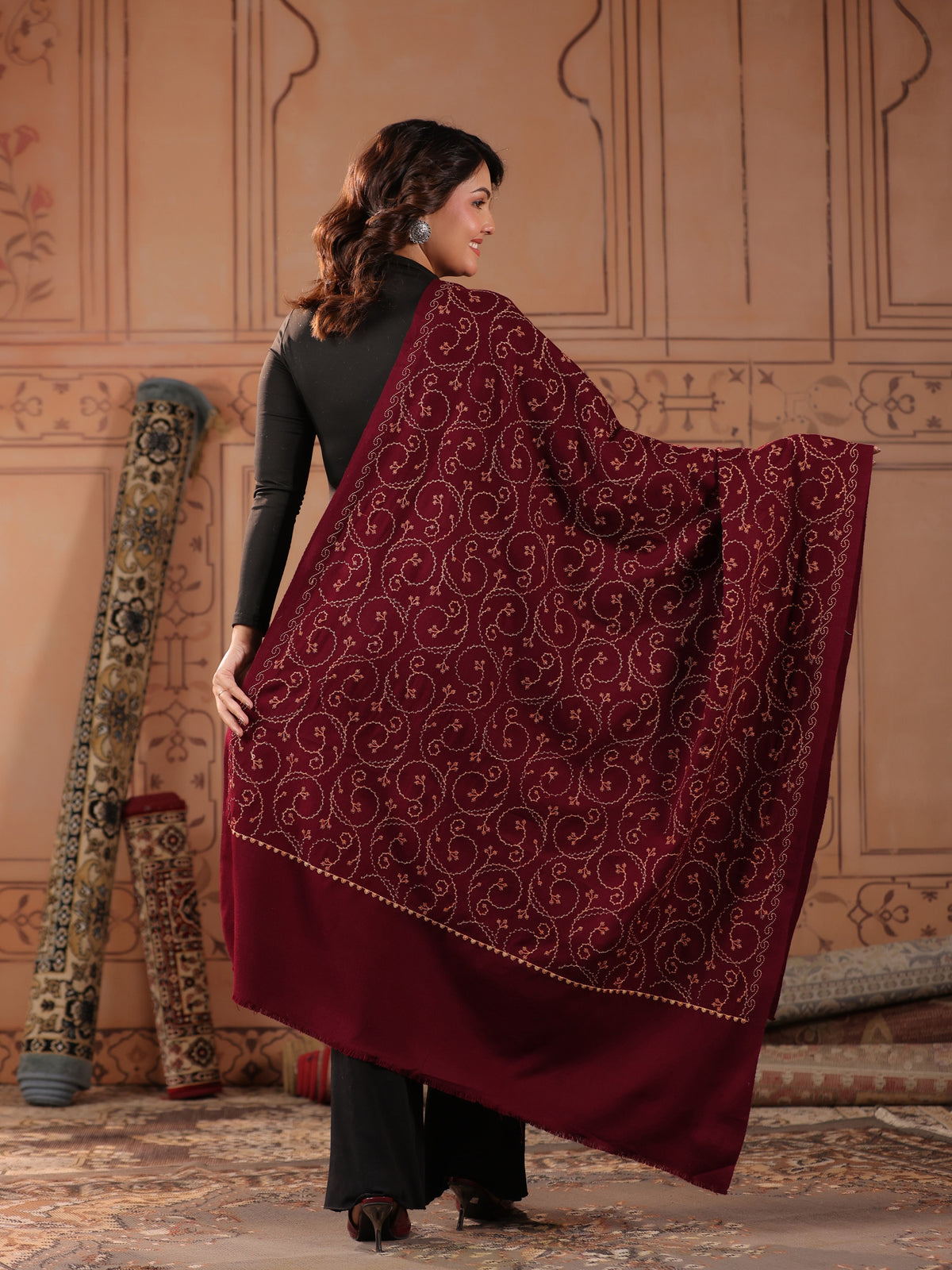 Floral Jaal Embroidered Woolen Shawl for Women | Wine