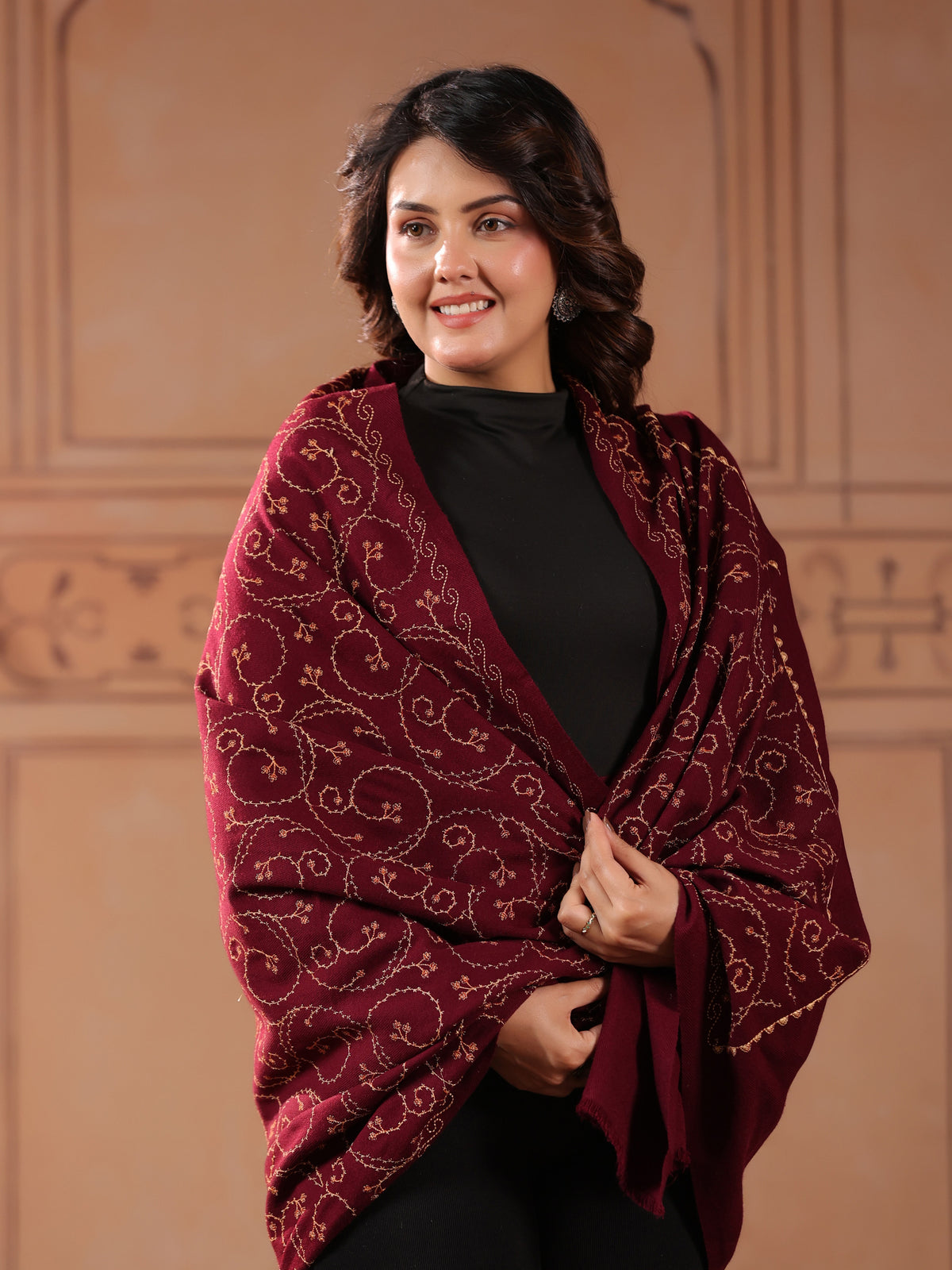 Floral Jaal Embroidered Woolen Shawl for Women | Wine