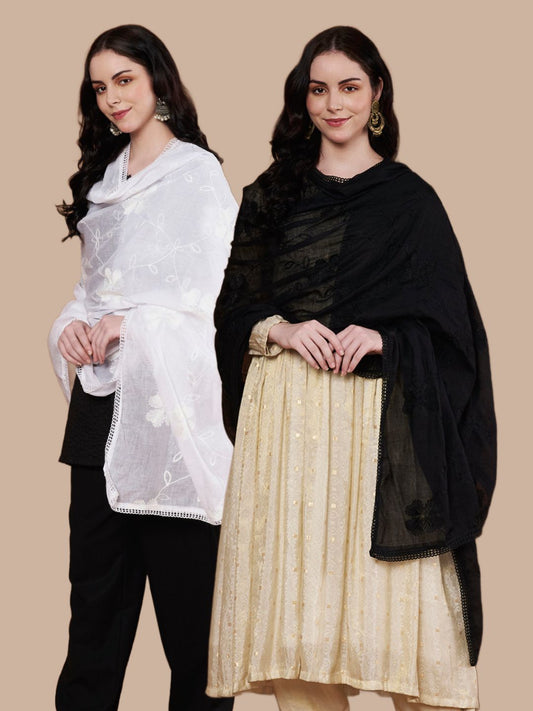 Floral Embroidery Cotton Dupatta for Women Pack of 2 | White and Black