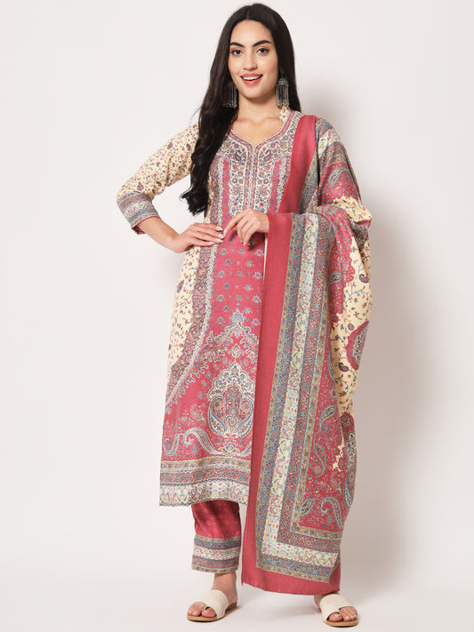 Unstitched Printed Design Kalamkari Handwork Dress Material | Pink
