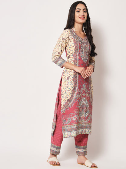 Unstitched Printed Design Kalamkari Handwork Dress Material | Pink