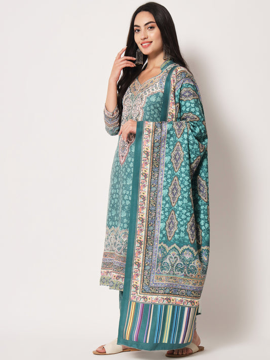 Unstitched Printed Design Kalamkari Handwork Dress Material | Seagreen