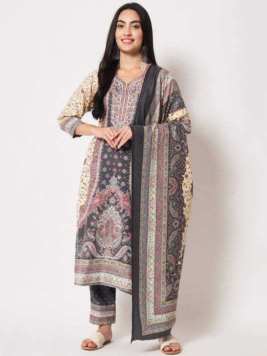 Unstitched Printed Design Kalamkari Handwork Dress Material | Black