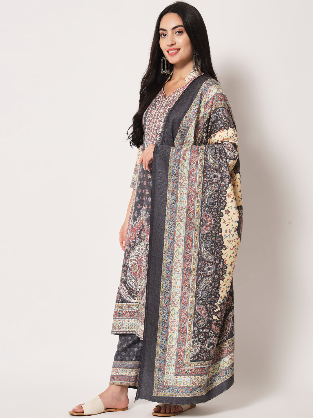 Unstitched Printed Design Kalamkari Handwork Dress Material | Black