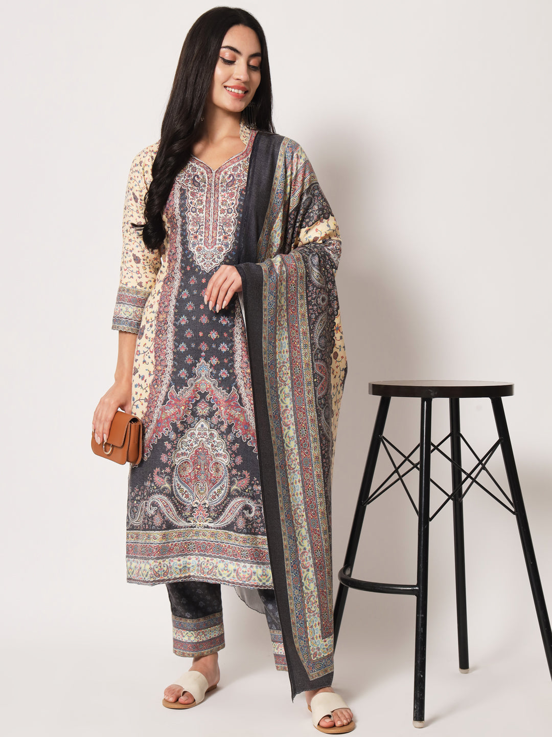 Unstitched Printed Design Kalamkari Handwork Dress Material | Black
