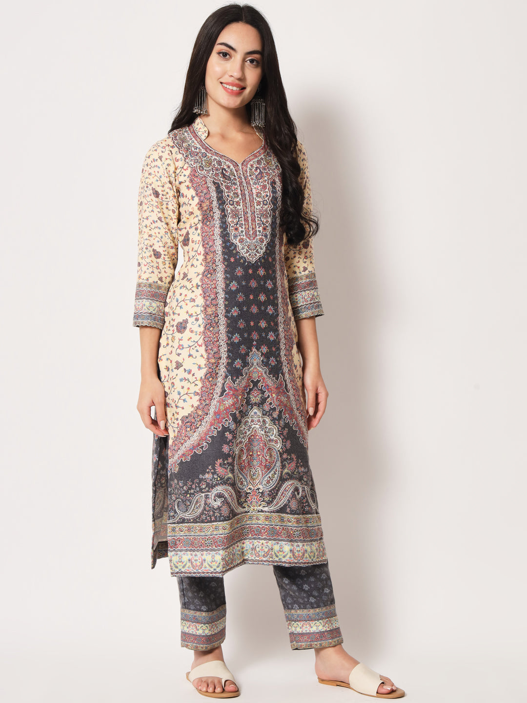 Unstitched Printed Design Kalamkari Handwork Dress Material | Black