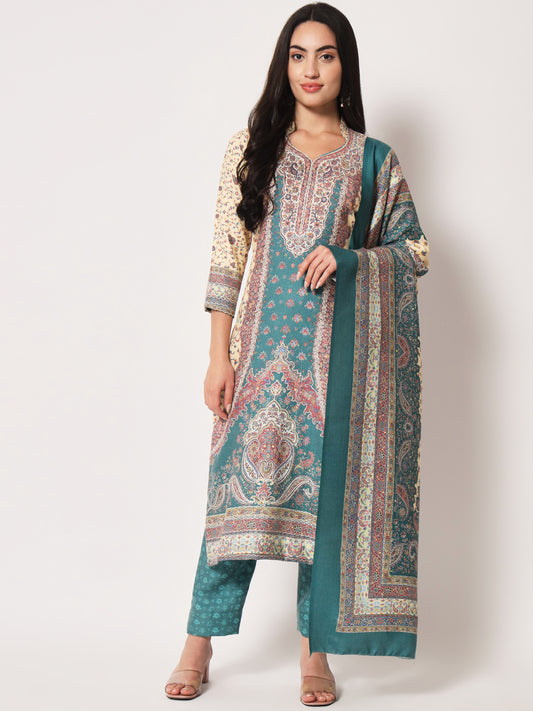 Unstitched Printed Design Kalamkari Handwork Dress Material | Seagreen