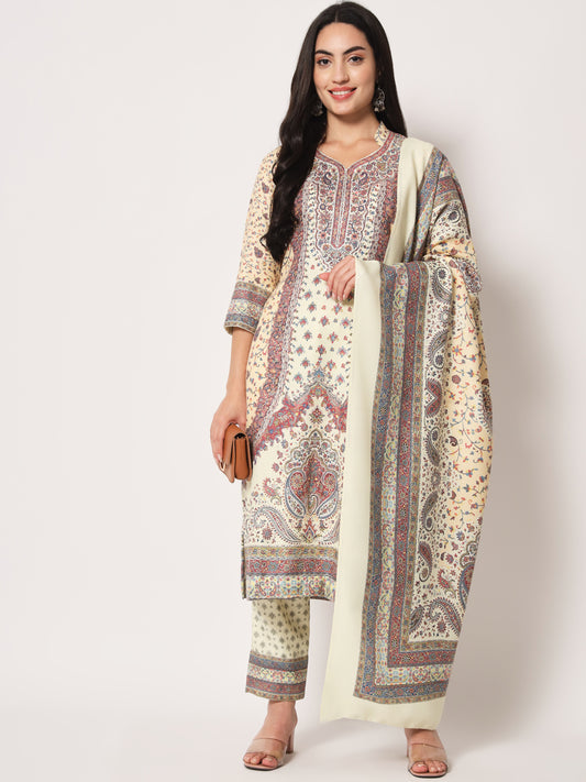 Unstitched Printed Design Kalamkari Handwork Dress Material | Creame