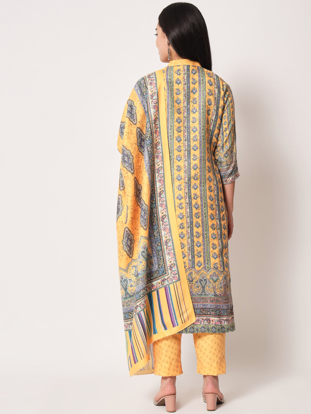 Unstitched Printed Design Kalamkari Handwork Dress Material | Mustard