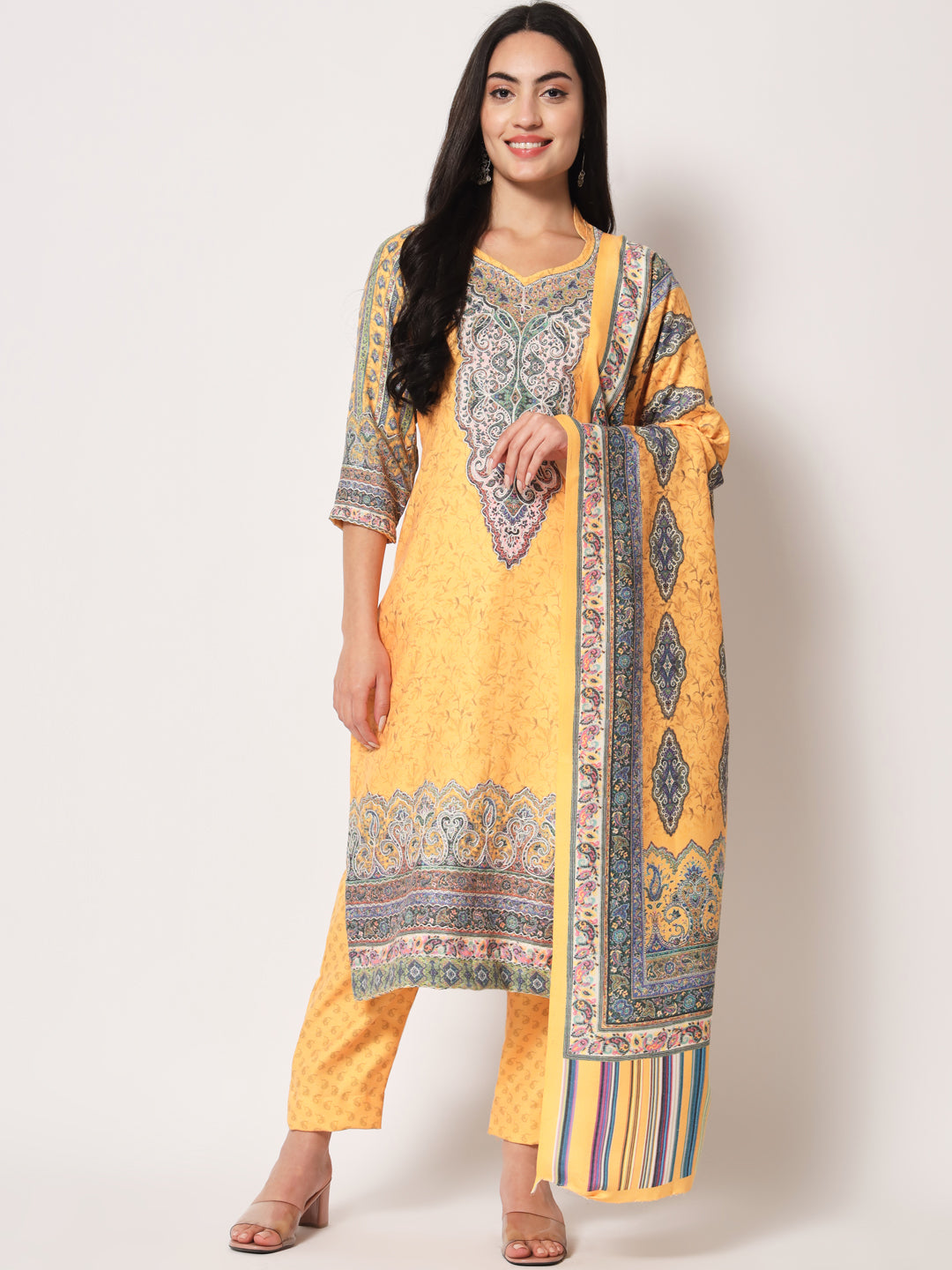 Unstitched Printed Design Kalamkari Handwork Dress Material | Mustard