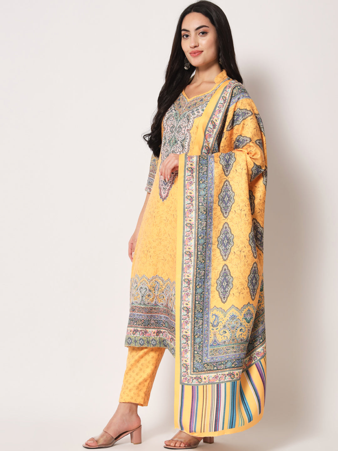 Unstitched Printed Design Kalamkari Handwork Dress Material | Mustard