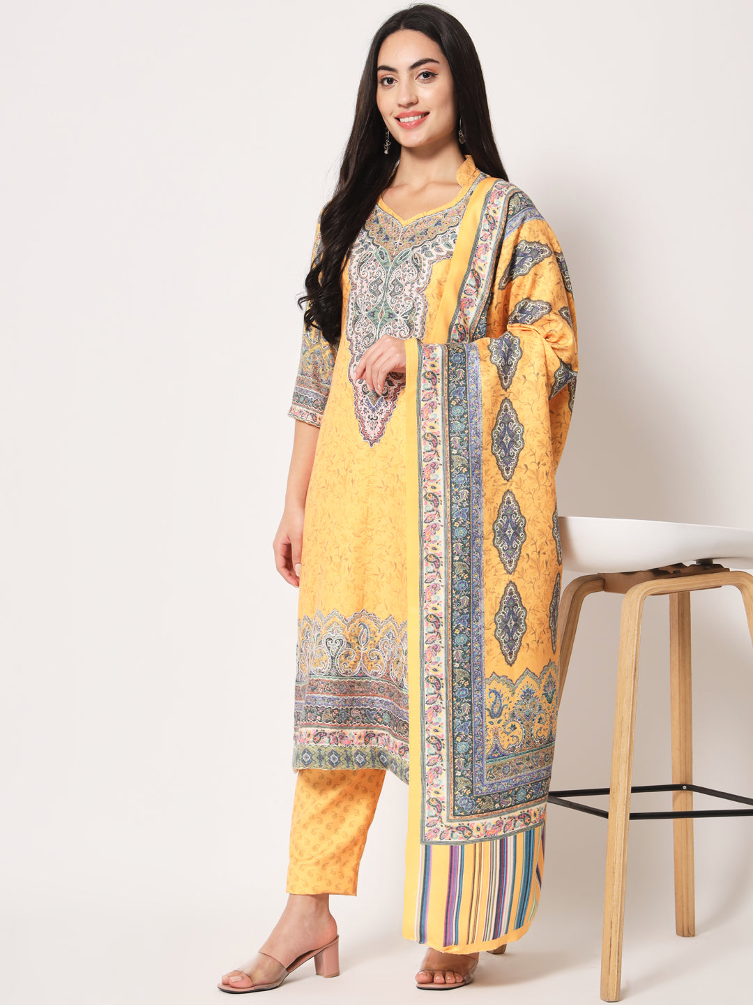 Unstitched Printed Design Kalamkari Handwork Dress Material | Mustard