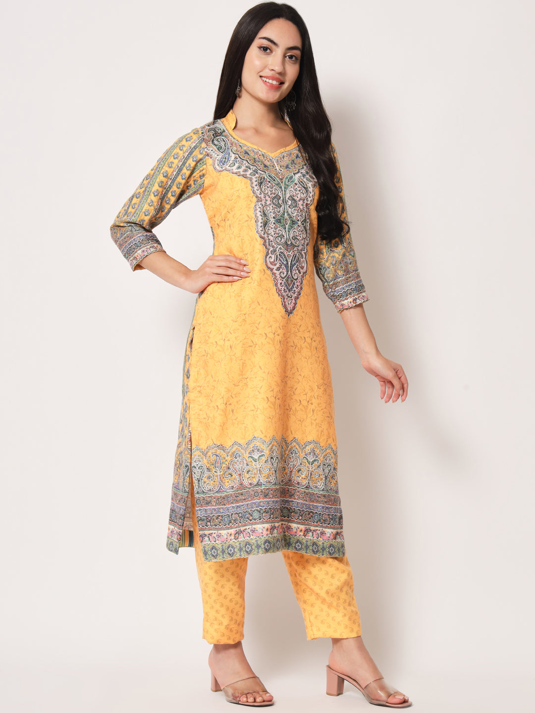 Unstitched Printed Design Kalamkari Handwork Dress Material | Mustard