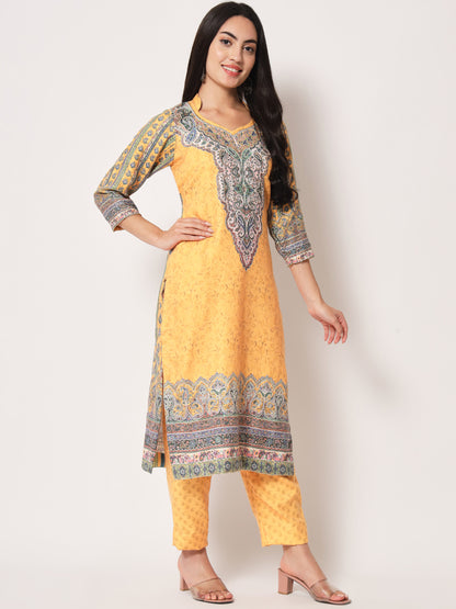Unstitched Printed Design Kalamkari Handwork Dress Material | Mustard