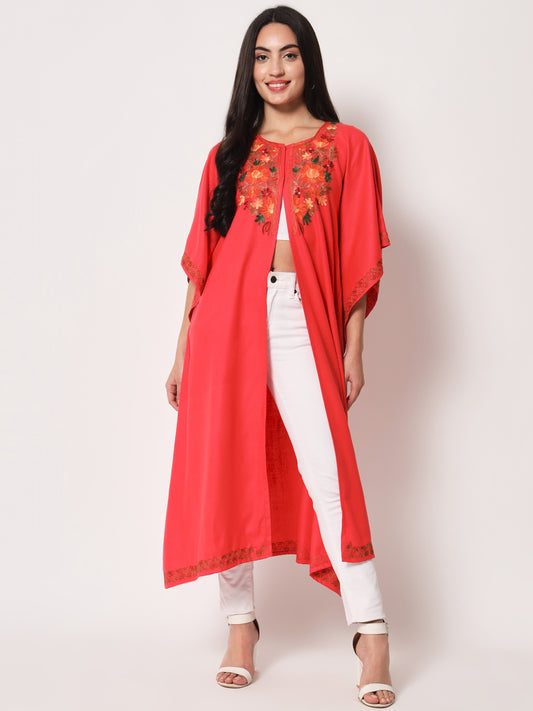 Women's Woolen Cape Shrug with Kashmiri Embroidery | Pink