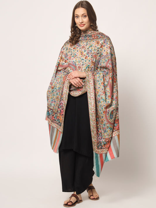 Women Kalamkari Hand Embroidered Pure Wool Winter Stole | Off White