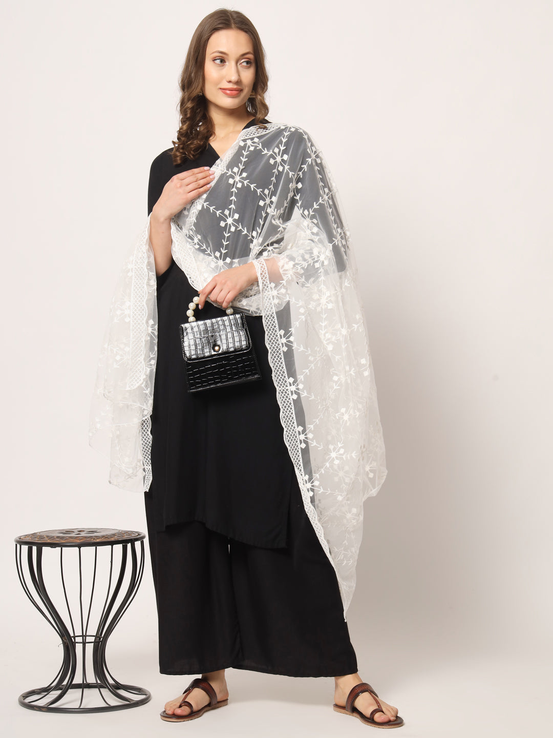 Embroidered Net Dupatta for Women | White