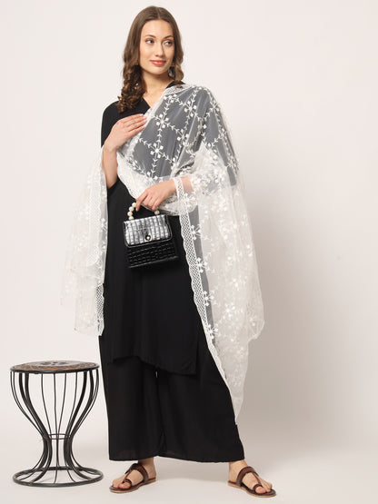 Embroidered Net Dupatta for Women | White