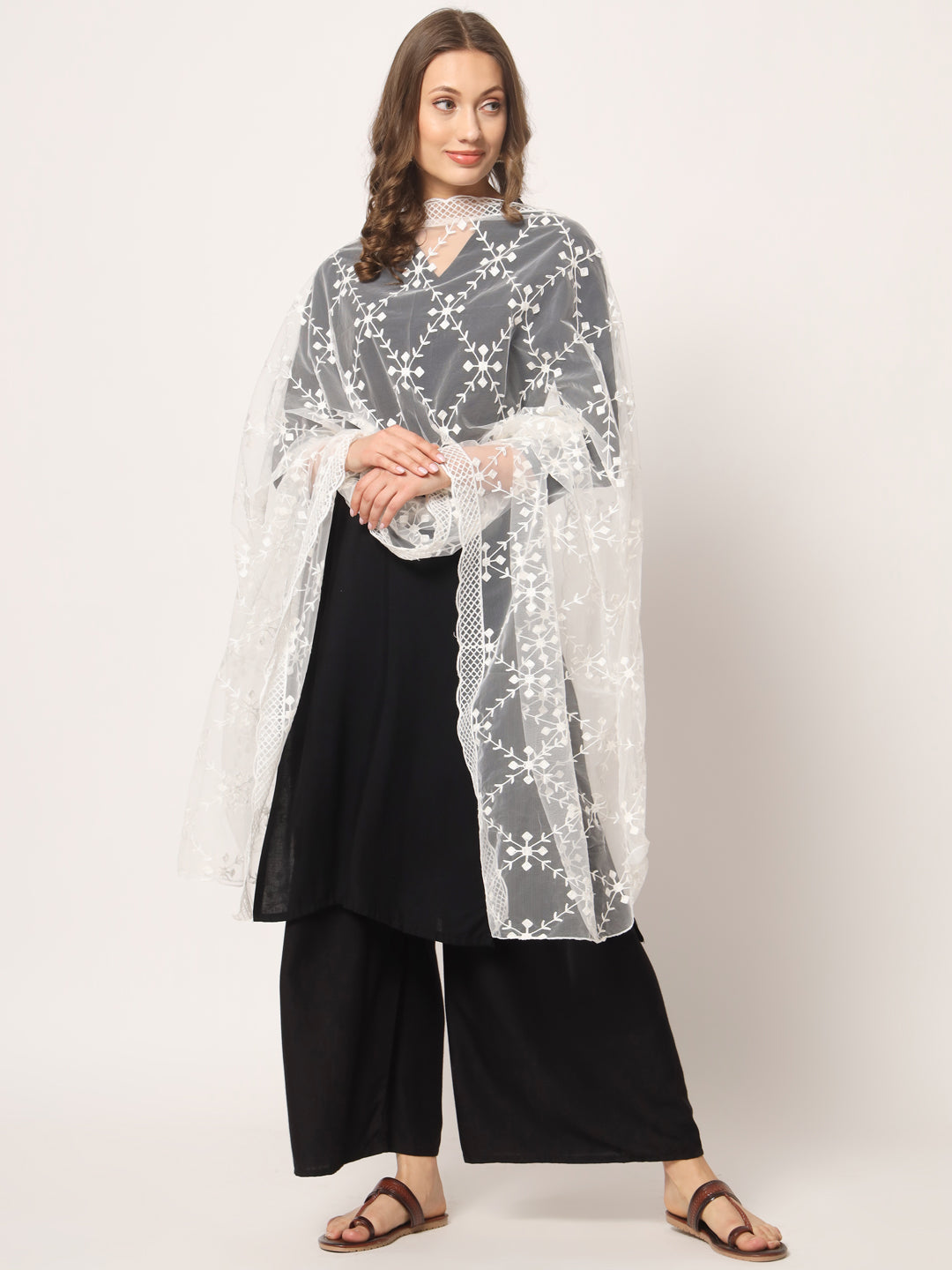 Embroidered Net Dupatta for Women | White