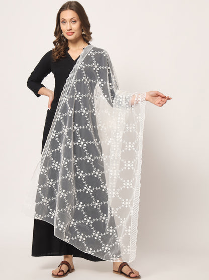 Embroidered Net Dupatta for Women | White