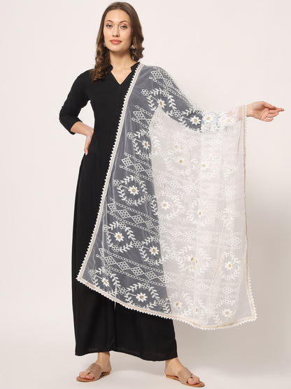 Embroidered Net Dupatta for Women | White