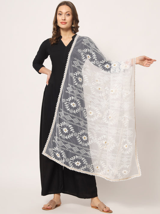 Embroidered Net Dupatta for Women | White