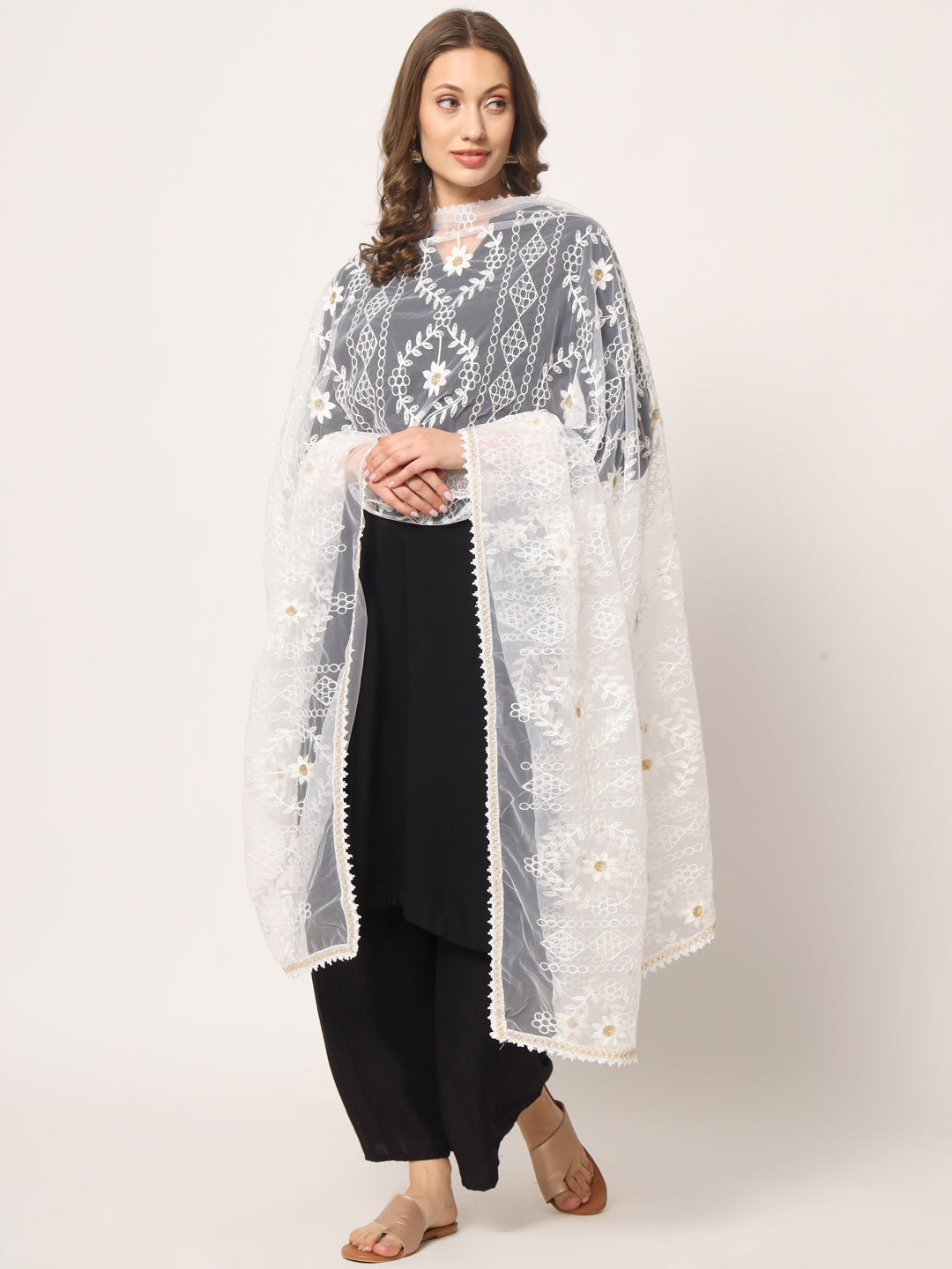 Embroidered Net Dupatta for Women | White