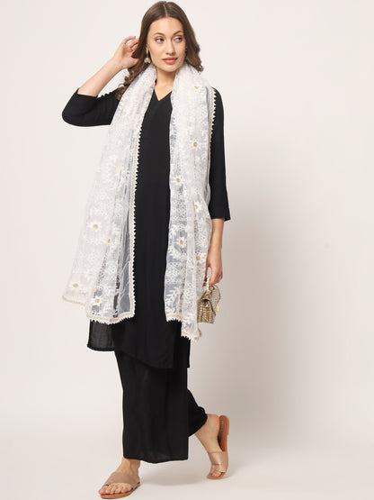 Embroidered Net Dupatta for Women | White