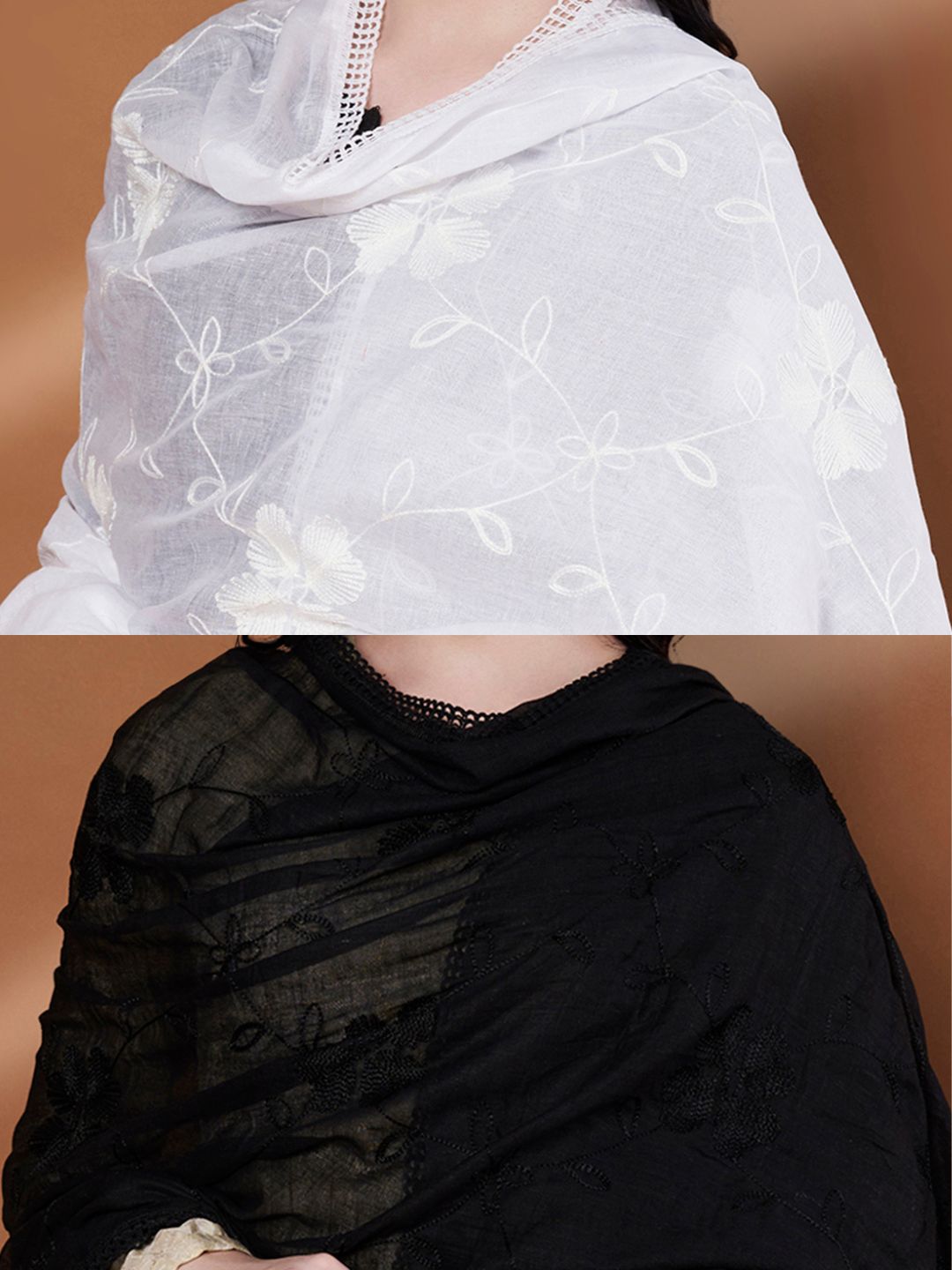 Floral Embroidery Cotton Dupatta for Women Pack of 2 | White and Black