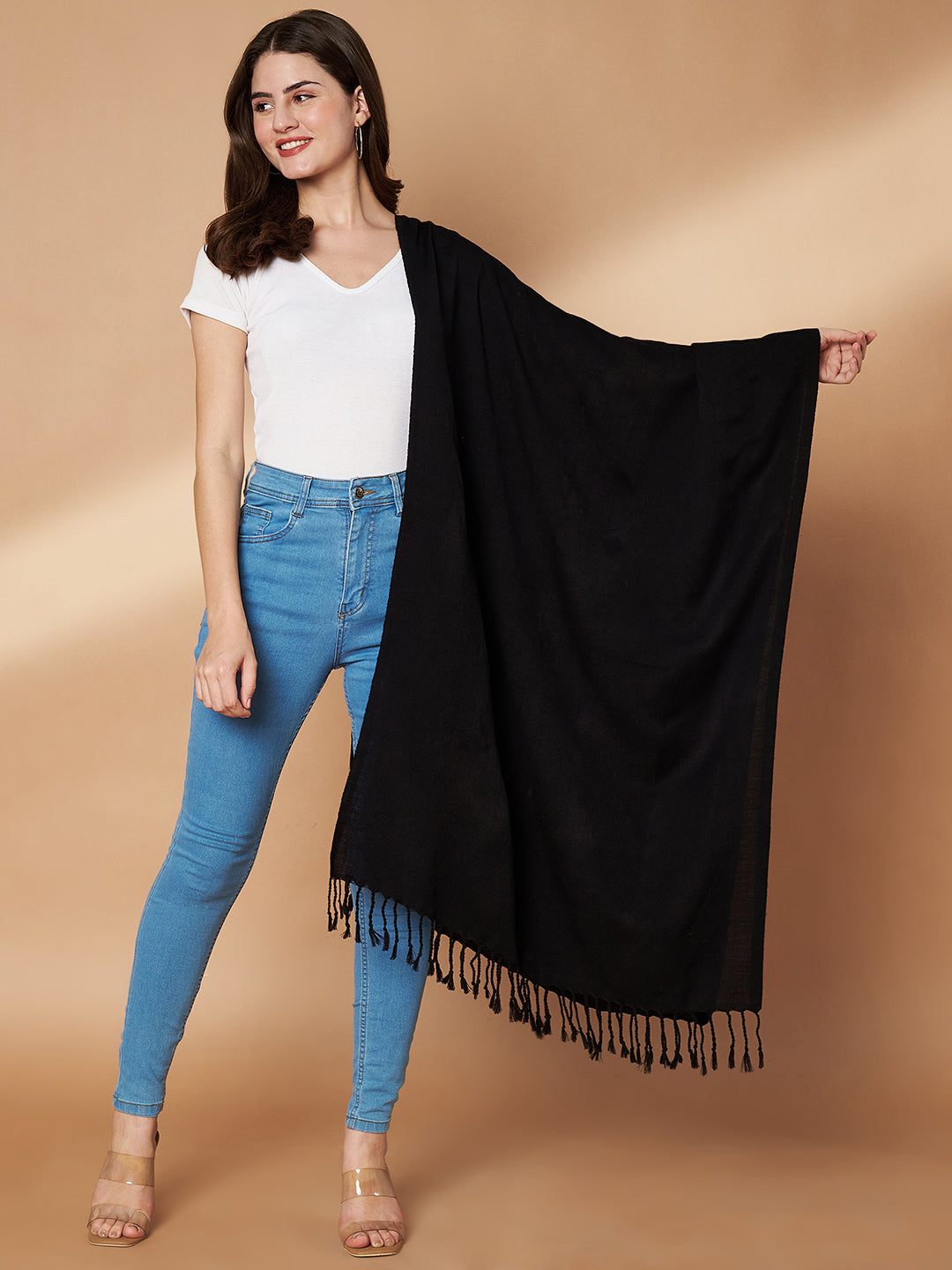 Plain Black Woolen Stole for Women | Black