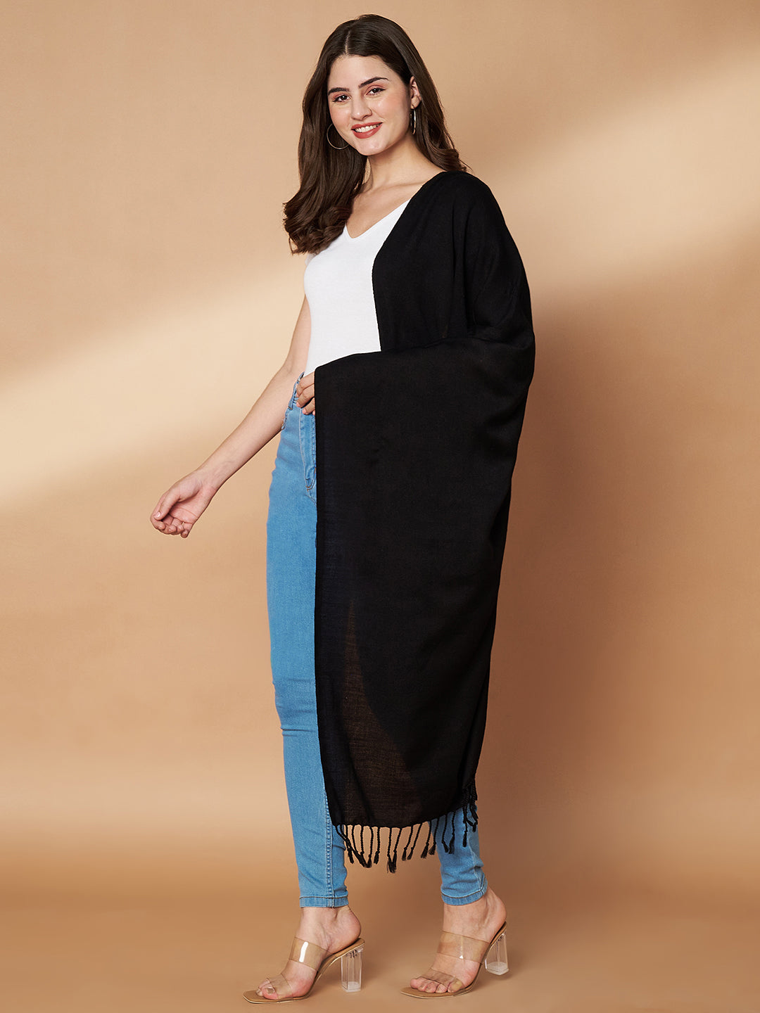 Plain Black Woolen Stole for Women | Black