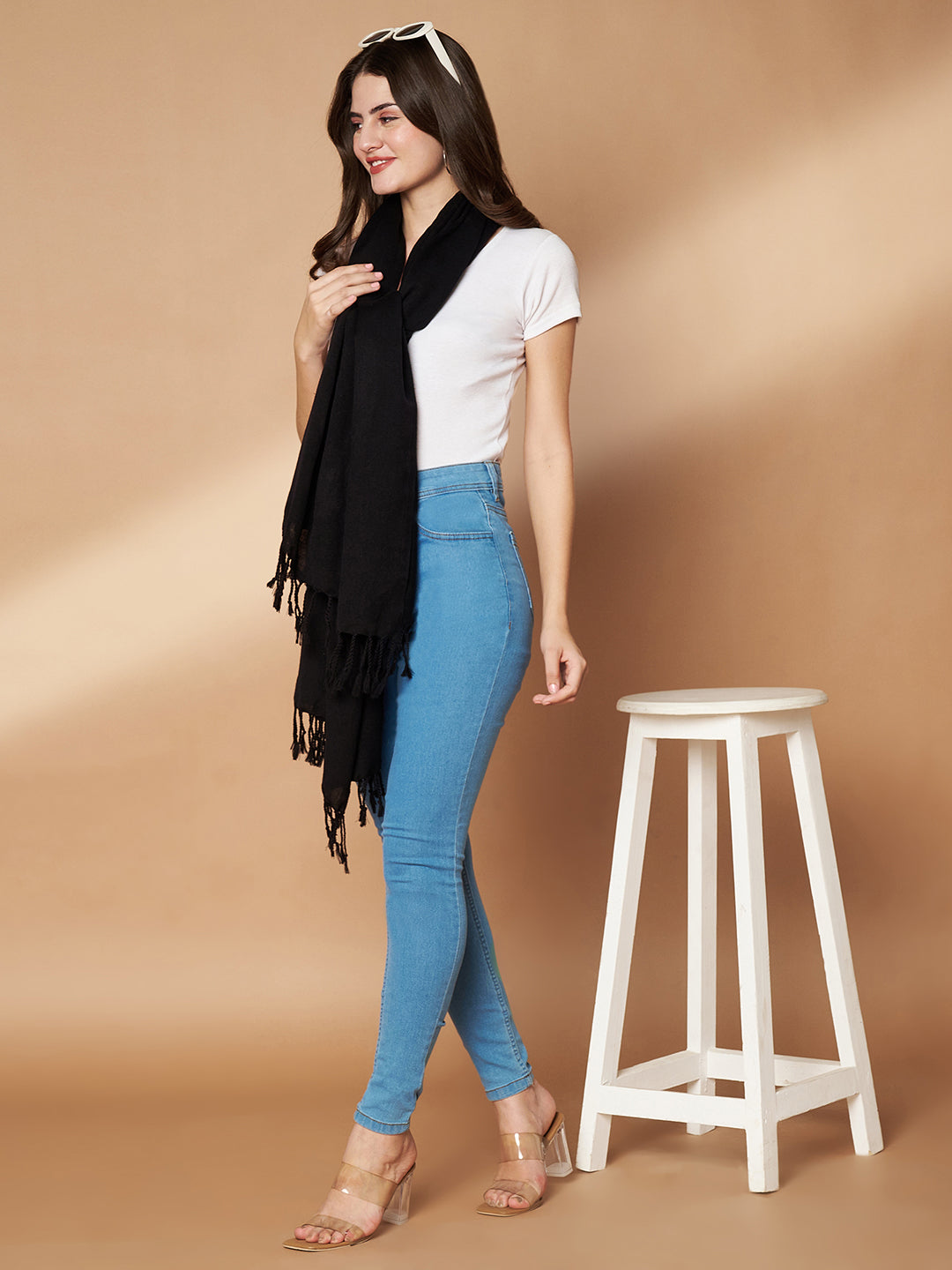 Plain Black Woolen Stole for Women | Black