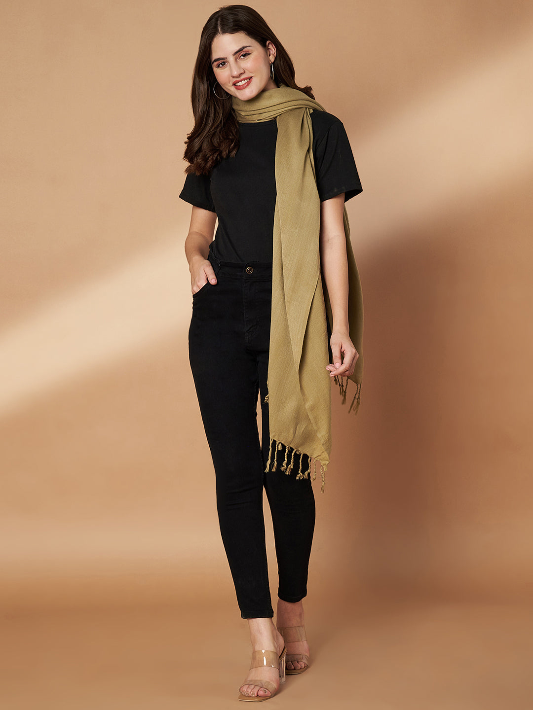 Plain Beige Woolen Stole for Women | Beige