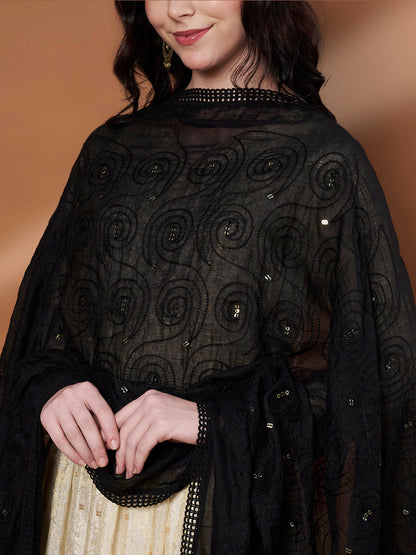 Pure Cotton Sequin Self Work Dupatta for Women | Black