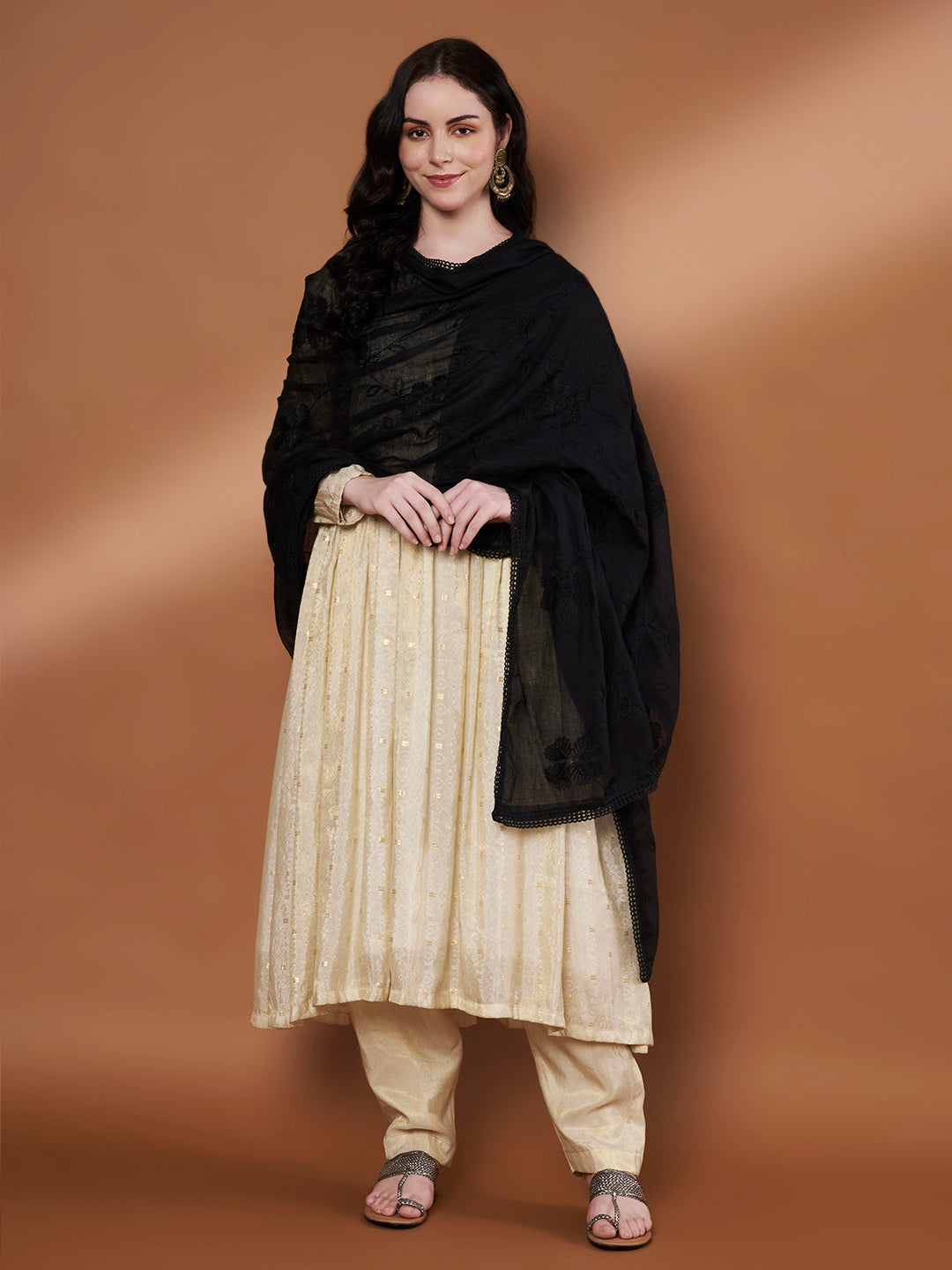 Floral Self Embroidery Cotton Dupatta for Women | Black