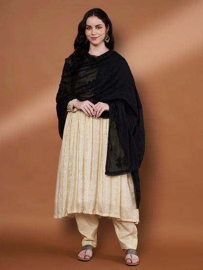 Floral Self Embroidery Cotton Dupatta for Women | Black